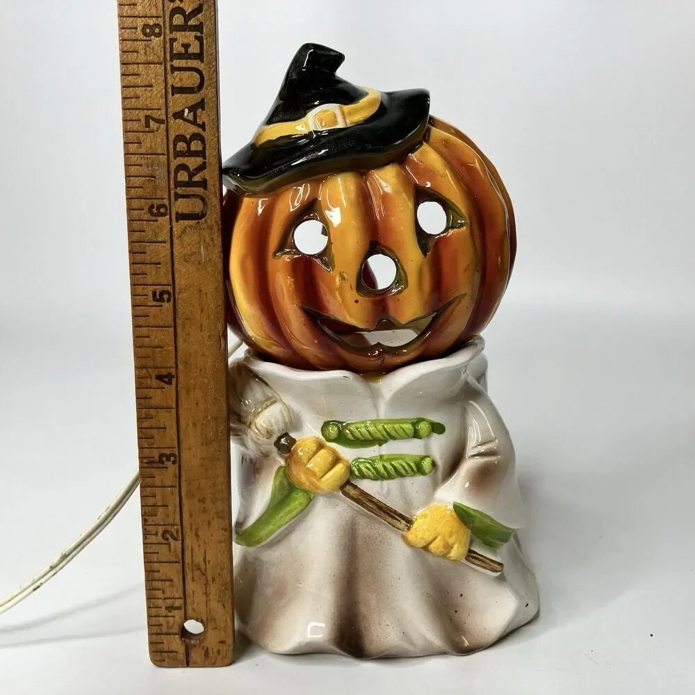 Vintage Relpo Halloween Ceramic Planter Jack O Lantern Scarecrow Lighted CRACKED
